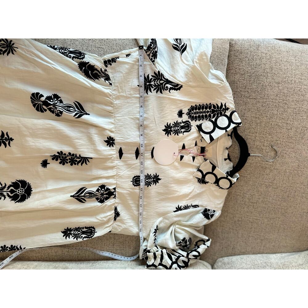 NWT Cora Black and Cream Boho Print Midi Dress with Puff Sleeves Large - Picture 7 of 9